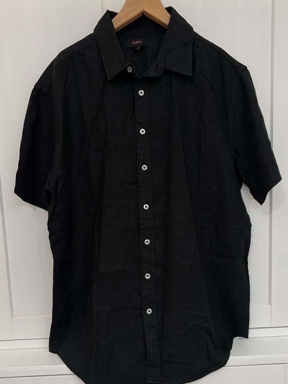 Quince Men's 100% European Linen Short Sleeve Button-Down Shirt, Black, Size L